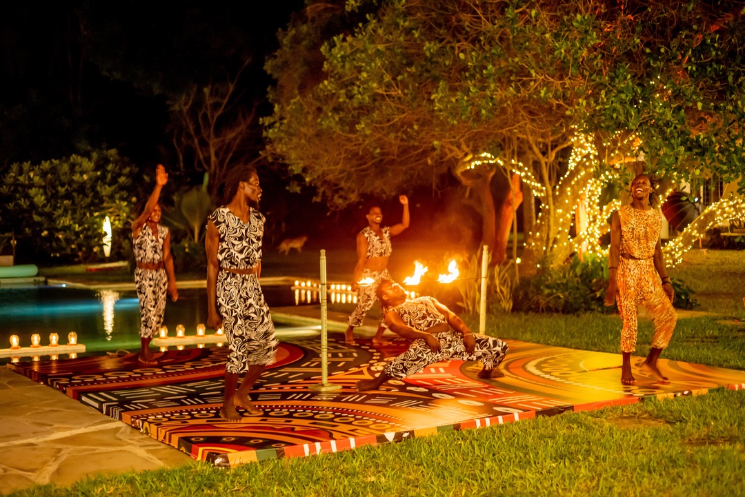Beachfront dining set-up for a wedding party in Kenya